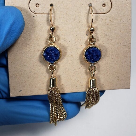 NWT Gold-tone Fringe chain Blue Drop Dangle Earrings - Picture 6 of 8